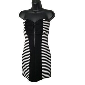 Guess Strapless Bodycon Dress Black White Stripe Zip Small Modern